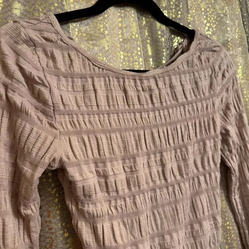 Free People Nude Tan Ruched Lace Up Back Long Sleeve Top XS